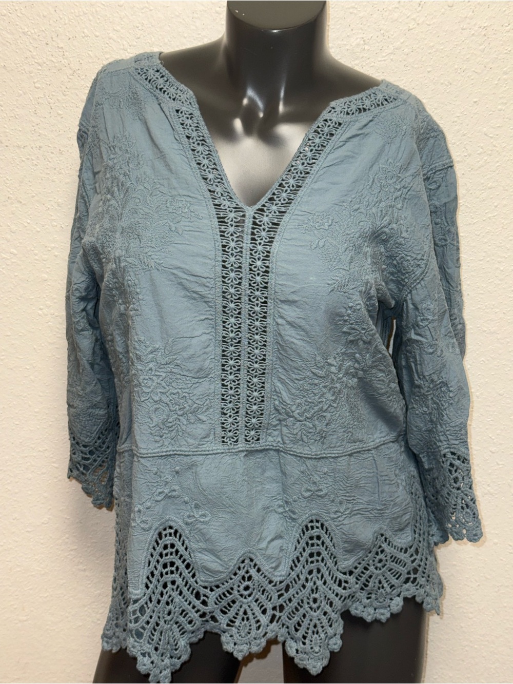 Democracy Dusty Blue Embroidered V-Neck Crochet Trim Tunic